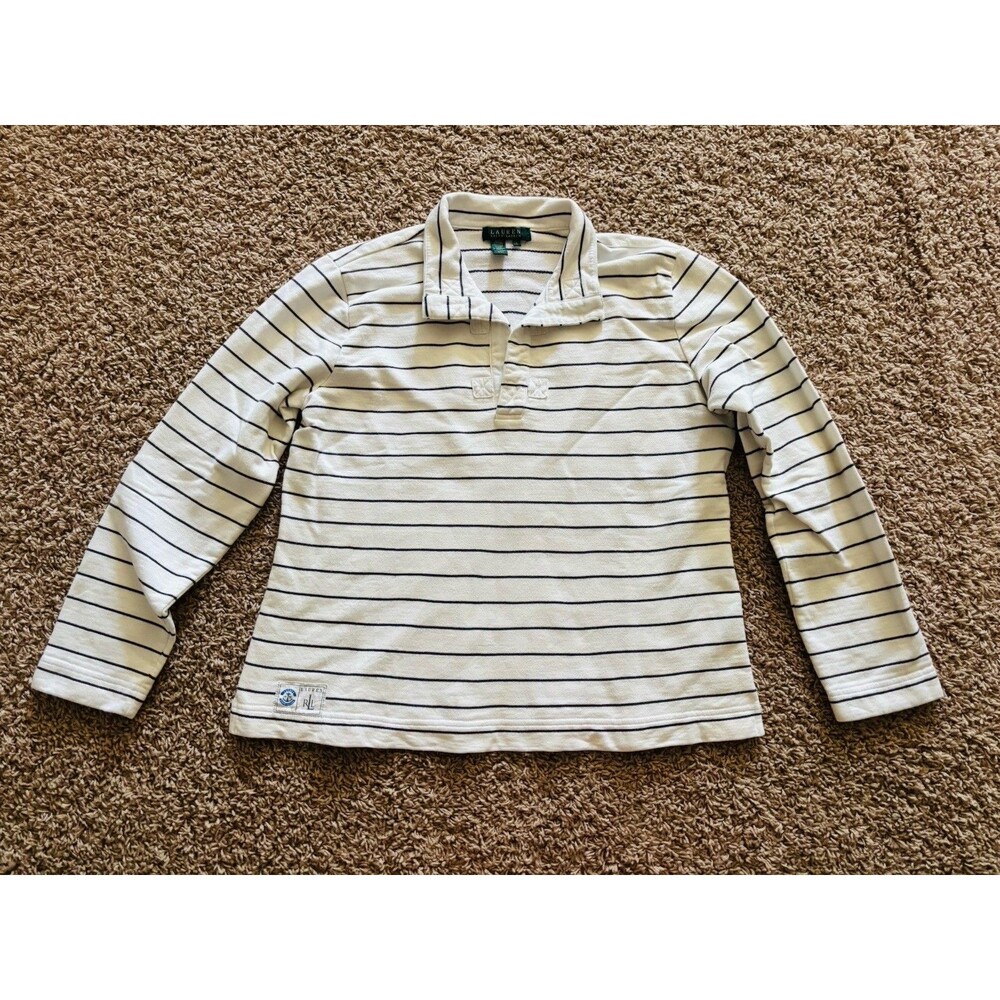 Lauren Ralph Lauren Women’s Large White Navy Stripe Rugby Polo Top L 22x27